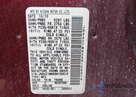 2011 Nissan Murano Sl из США, поврежденный, VIN JN8AZ1MW8BW156614